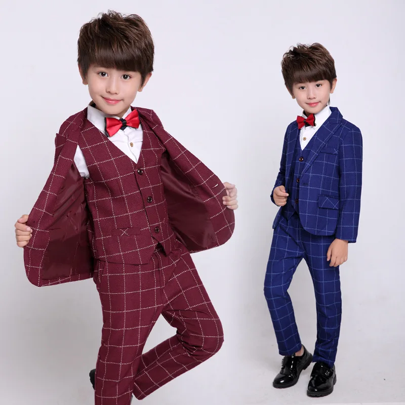 

Children Plaid Wedding Blazer Suit Sets Flower Boys Formal Tuxedos Outfits Kids Prom Performance Clothing Sets