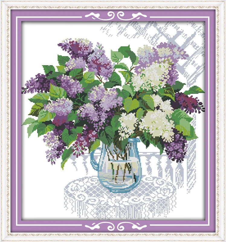 

Needlework,11/14ct DIY Cross stitch,Set For full embroidery kit,purple lilac flower vase printed pattern cross-stitch gift