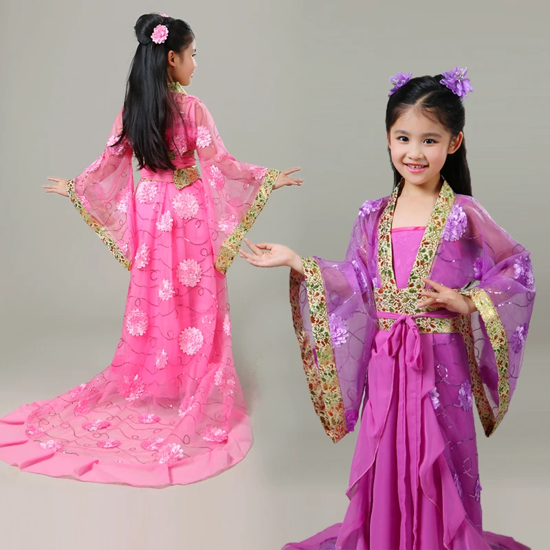 6 designs yarn chiffon cute sweet little girl's costume ancient chinese tang princess costume hanfu paillette yarn costume