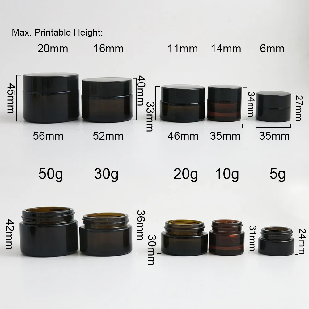 12 x 5g 10g 20g 30g 50g Empty Amber Glass Cream  Brown Glass Cosmetic Container with white Seal Black Silver Gold  Lids