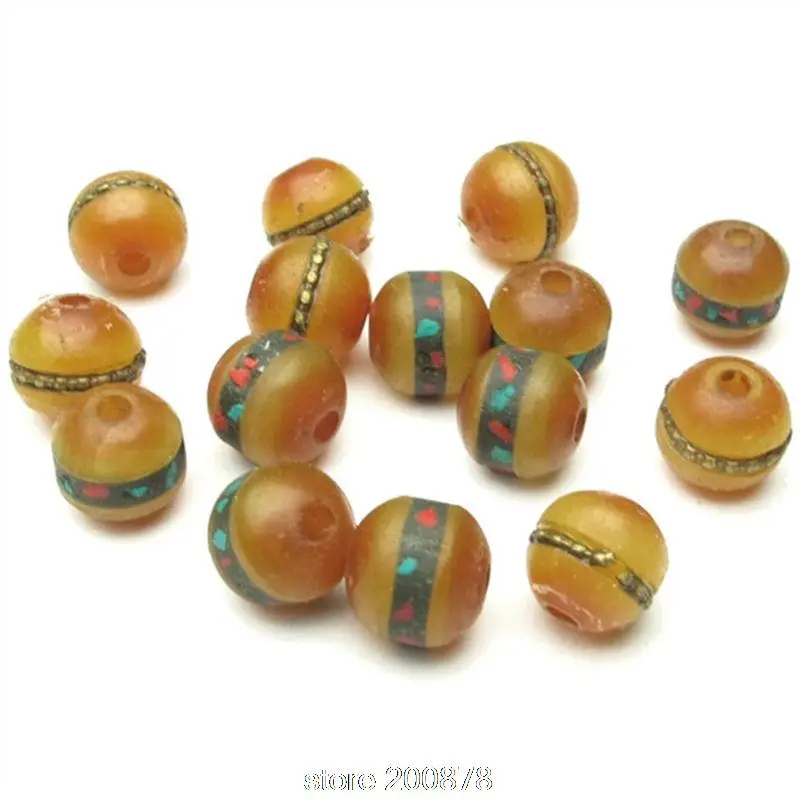 10PCS Tibetan Simulent Beeswax Rosary loose bead 8mm10mm Nepal Handmade inlaid metal silks Apple beads TSB0325