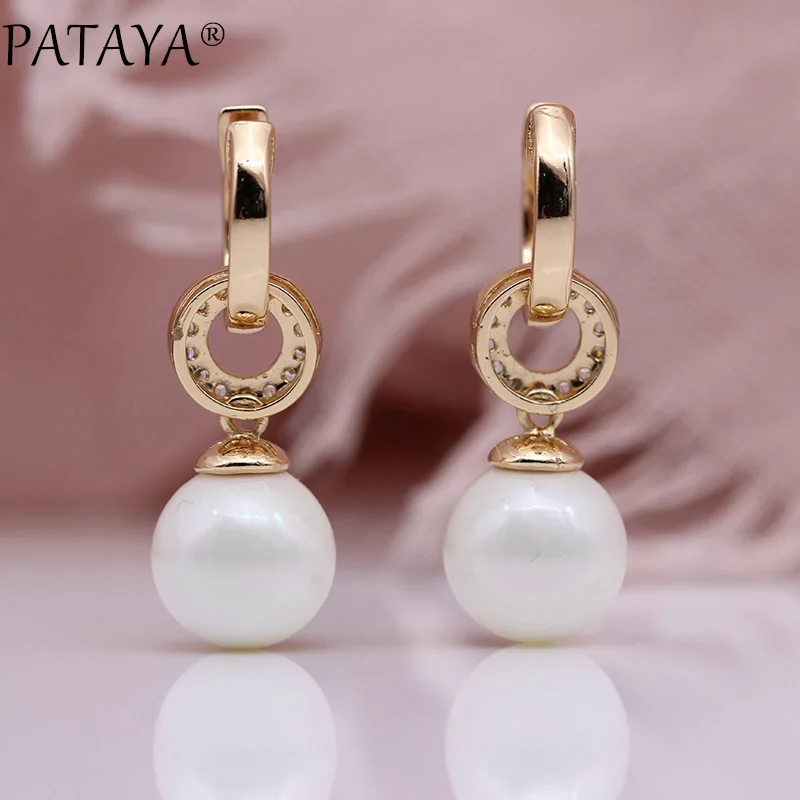 PATAYA New Long Dangle Earrings White Shell Pearls Earring For Women 585 Rose Gold Color Natural Zircon Fashion Jewelry