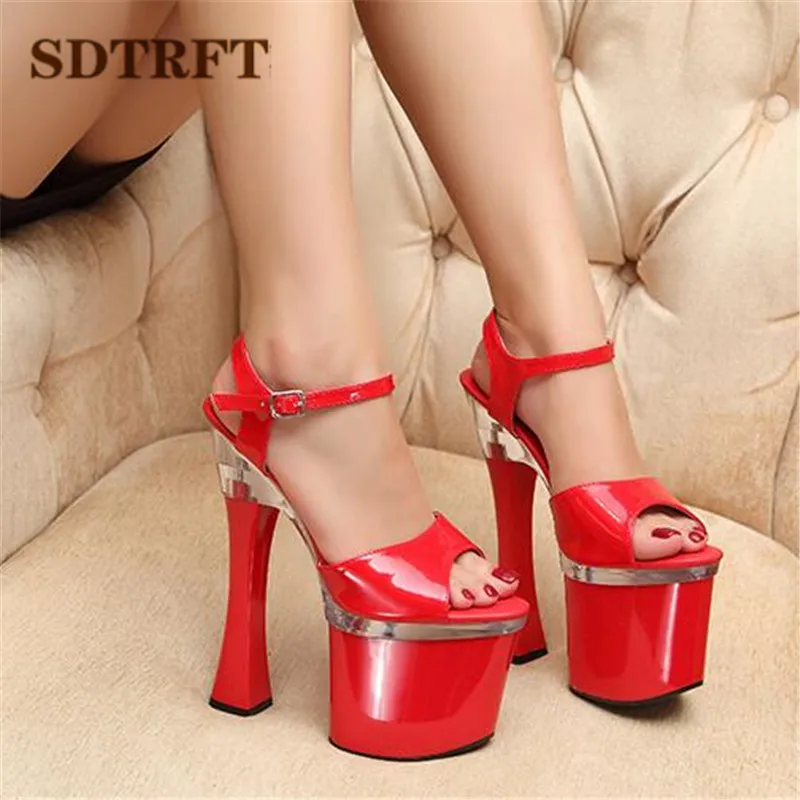 CDTS Plus:34-44 Summer Crossdresser sexy high-heeled ladies 20cm thick heel crystal platform Buckle sandals SM shoes woman pumps