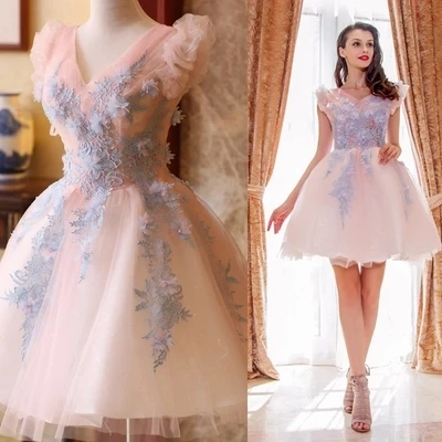 Free ship light pink light sky blue embroidery flowers tutu lovely sleeve short lolita dress