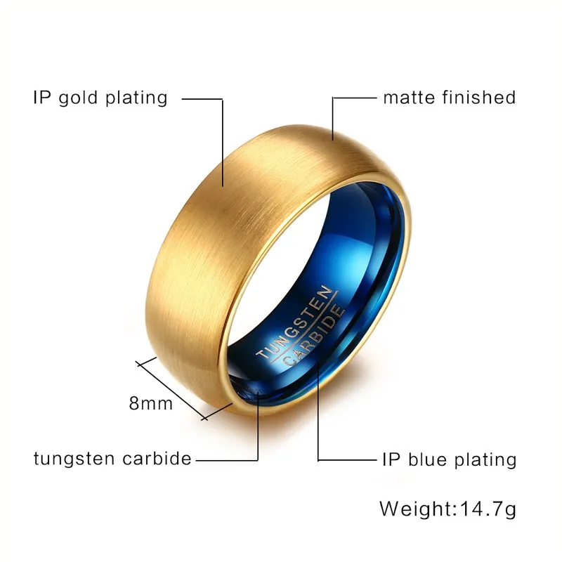 Vnox Men\'s Blue Tungsten Ring Classical Gold-color Rings Men Tungsten Jewelry