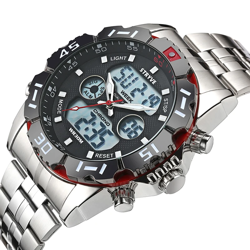 Stryve 8011 Luxury Brand Waterproof Military Sport Watches Men Stainless Steel Digital Quartz Dual Display Watch Montre Homme