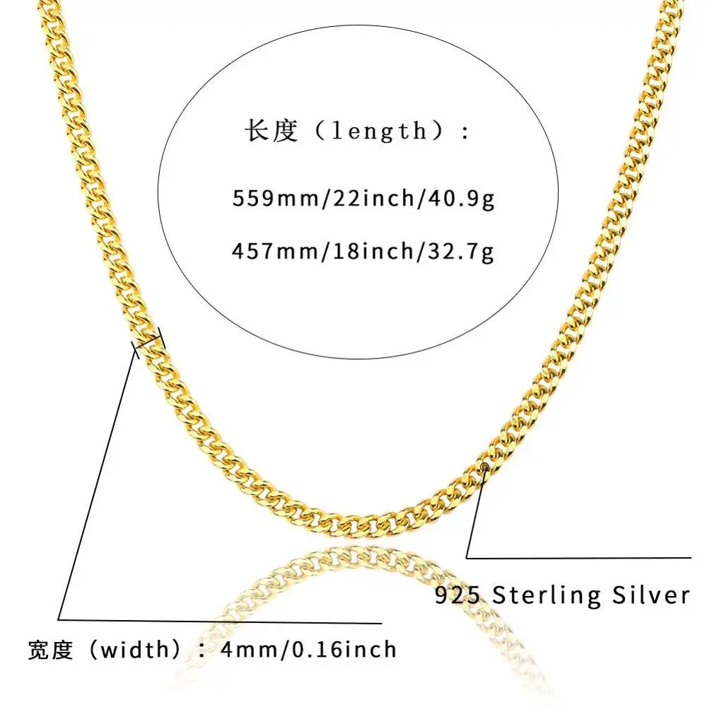 S925 Sterling Silver Round Cuban Chain Necklace for Men Women Rapper jewelry Accessories 4mm wide 18inch 22inch