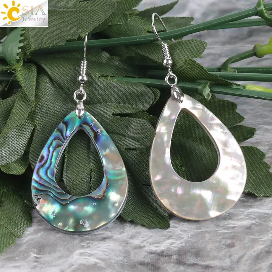 CSJA Natural Abalone Shell Earring Bead Gem Stones Pendant Pear Shape Water Drop Hook Earring for Women Fashion Jewelry E903