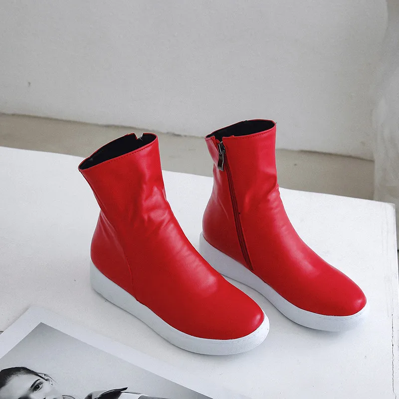 MORAZORA 2024 new arrival women ankle boots pu round toe autumn boots zipper simple comfortable casual flat shoes woman red