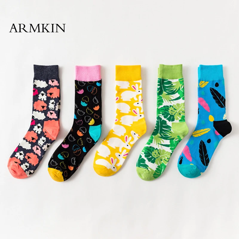 

ARMKIN Casual Art Cotton Men Socks feather Rabbit Pattern happy funny socks harajuku Hip hop calcetines Gift For Christmas