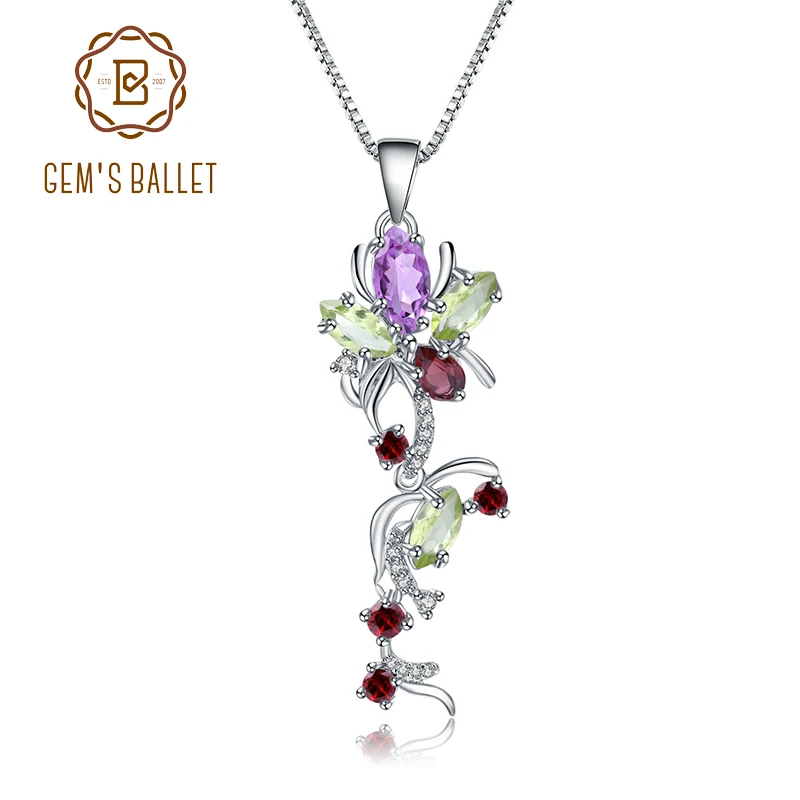 

GEM'S BALLET Multicolor Natural Peridot Amethyst Garnet 925 Sterling Silver Flower Pendant Necklace Fine Jewelry for Women