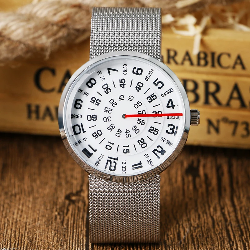 Fashion  Special Turntable Dial Design Silver Mesh Stainless Steel Band Strap Modern Men  Women Student Quartz Wrist Watch