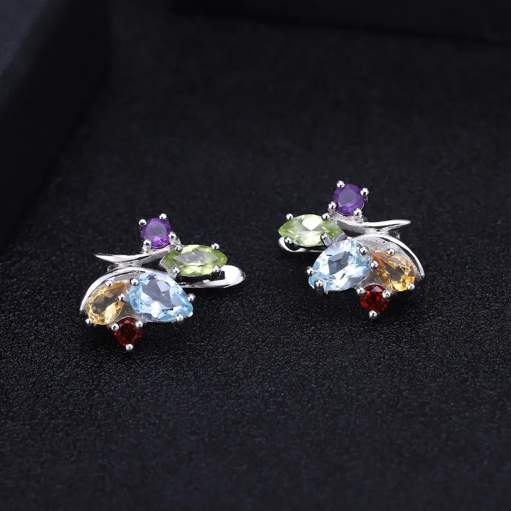 Gem's Ballet Flower Multicolor Natural Amethyst Garnet Peridot Citrine Topaz 925 Sterling Silver Stud Earring For Women Wedding