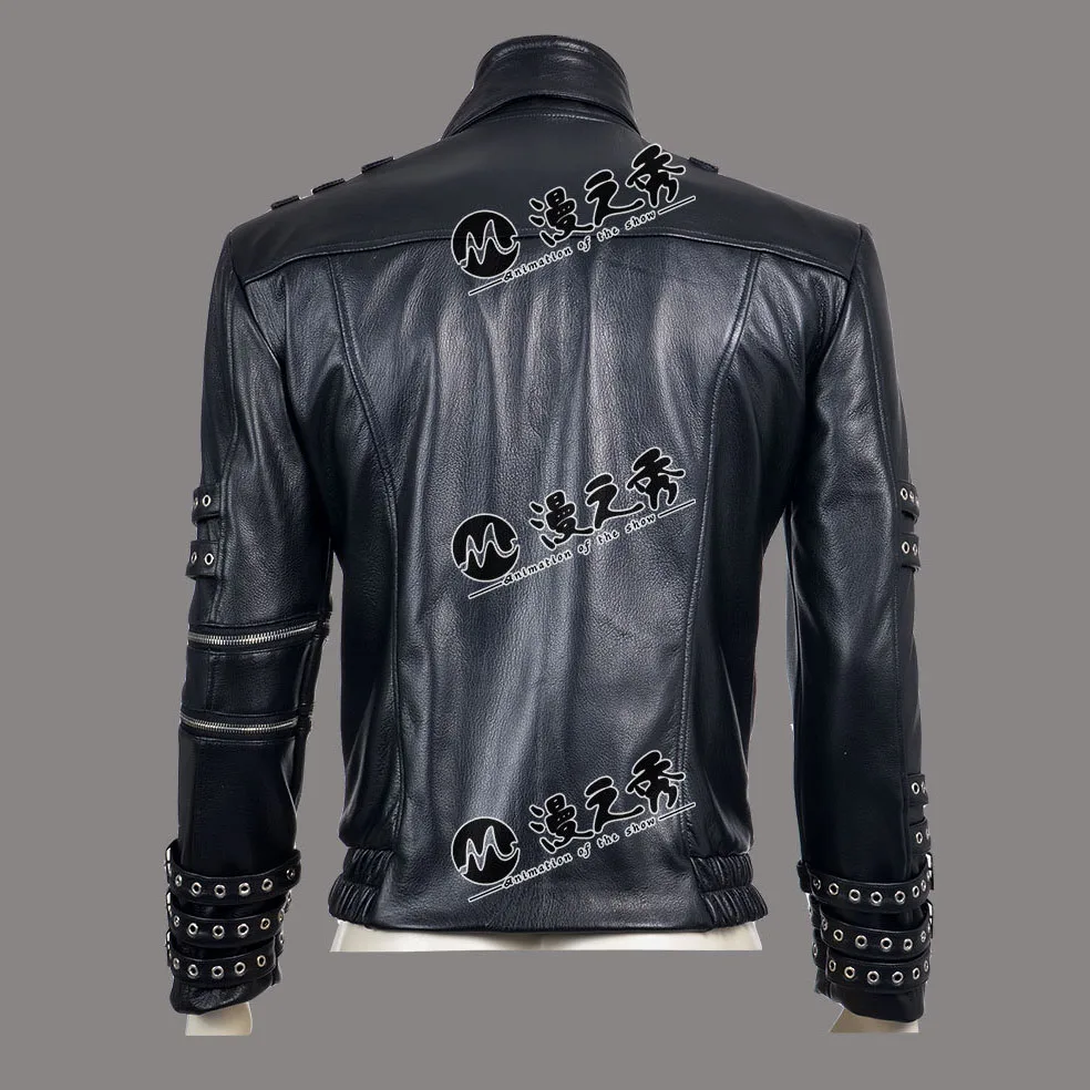 Rare MJ Michael Jackson Punk Rock Style BAD Tour Black Cotton & Leather Rivet Slim Zipper Jacket Outwear