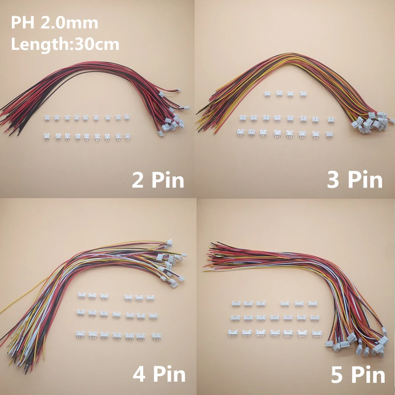 50Sets PH 2.0mm DIY Line 30cm 2/3/4/5/6/7/8/9/10/12P Pin Male & Female Wire Straight Plug