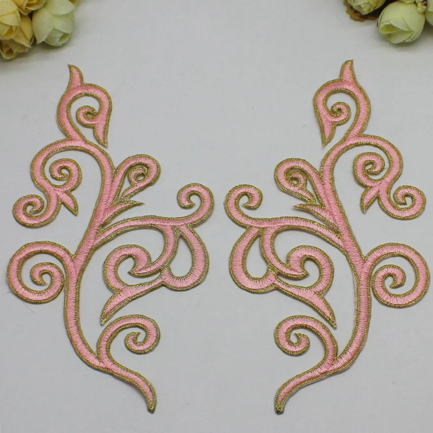 2 Pieces Gold Trim Iron on Flower Embroidered Patches Mirror Pairs Applique Costume Cosplay 18-9cm