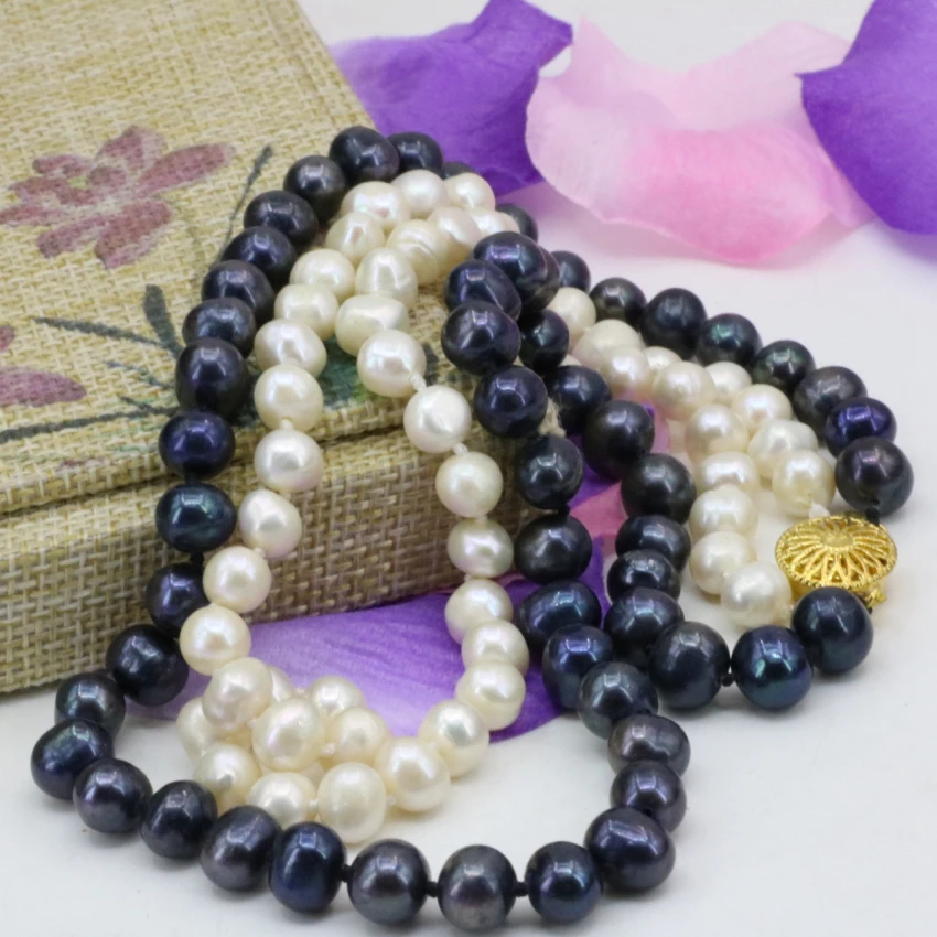 Natural real white freshwater pearl 7-8mm beads 2 rows necklace fashion statement women chain elegant jewwlry 17-18inch B3240