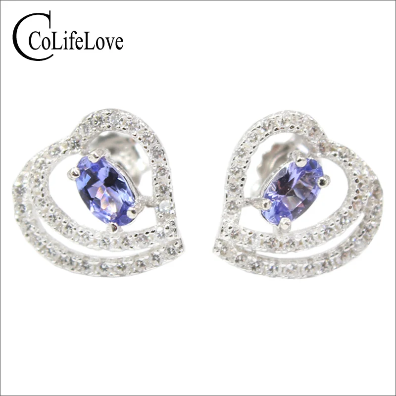 Elegant silver tanzanite stud earrings for party 3 mm * 5 mm natural tanzanite earrings real 925 silver tanzanite jewelry gift