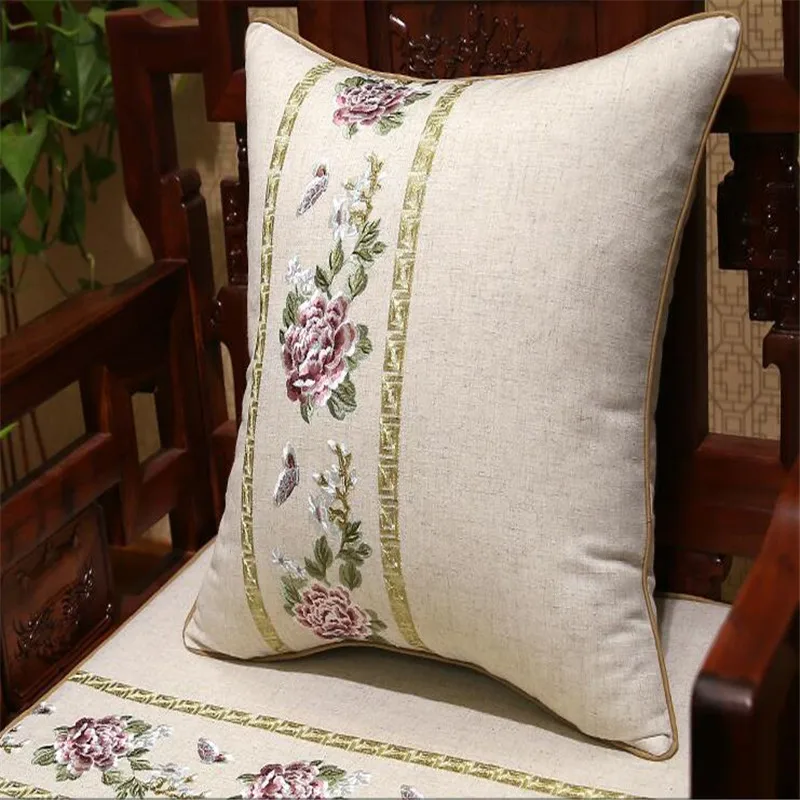 Free Shipping Cotton Linen Peony Throw Pillow Inner 50x50cm New Gift Embroidery Cushion Chair Sofa Car Mat Decora Waist Bloster