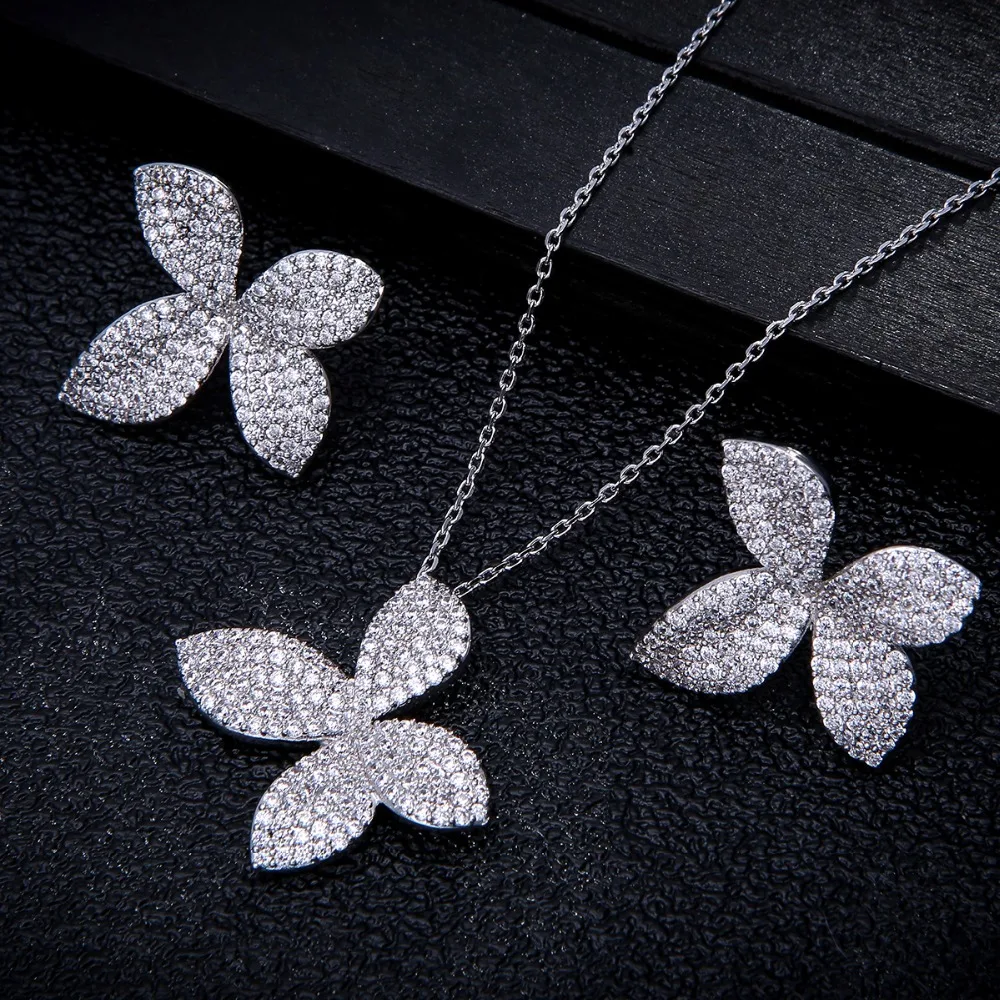 Luxury Micro Pave Setting Cubic Zirconia Leaf Shaped Necklace Earrings  Dubai Jewelry Set For Dinner Party D1214