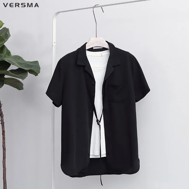 

VERSMA 2018 Summer Solid Color Short Sleeve Loose Pajamas Shirts Boy Girl Korean Harajuku BF Chiffon Ribbon Patchwork Shirt Men