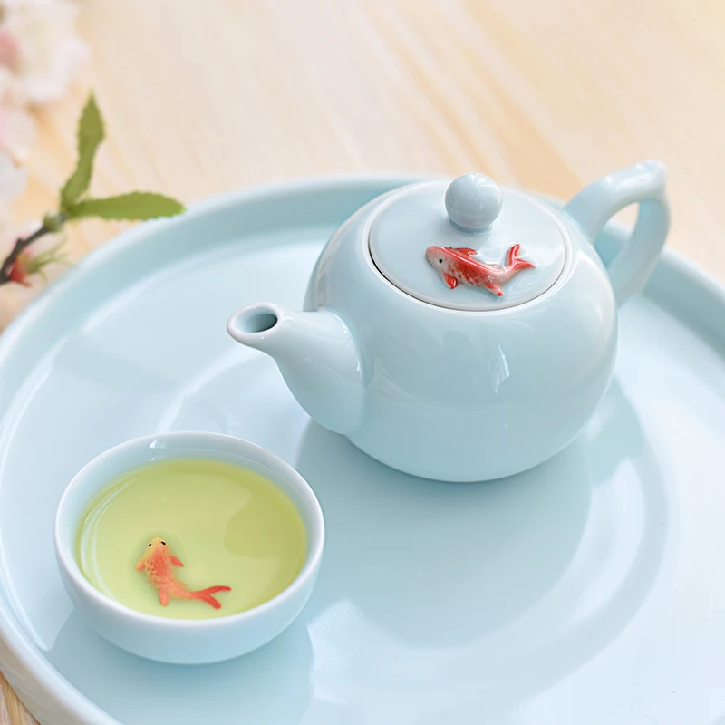 Zen Buddha girl the china wind fish Chinese Kung Fu Tea Set teapot and tea cups Celadon teacup white or green color teaset