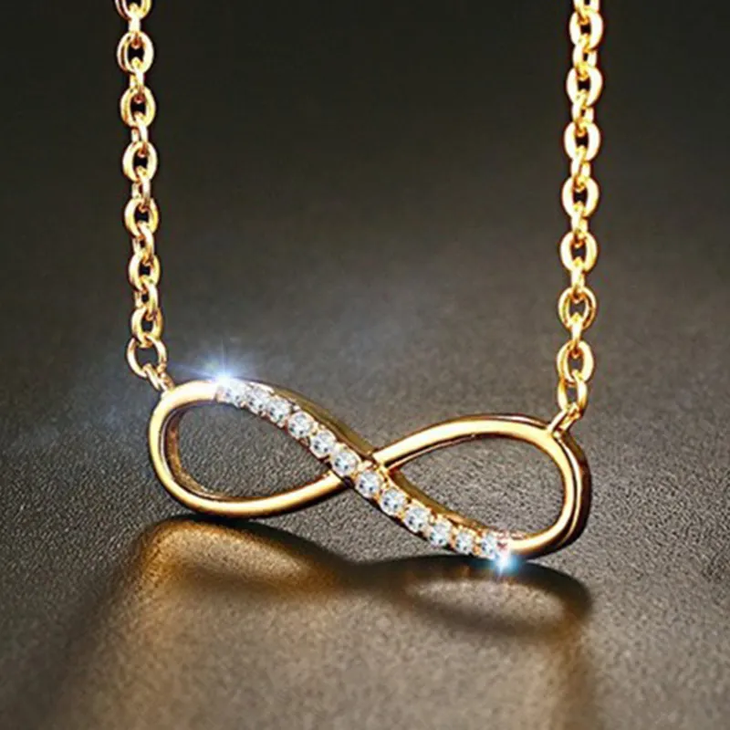 Ladies Fashion Gold-Color Stainless Steel Chain Infinity Pendant Necklace AAA+ Cubic Zirconia Pave Women Collar Necklace