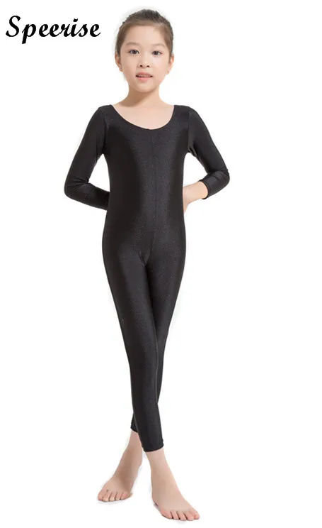 SPEERISE Girls Long Sleeve Black Unitard Boys Skin Tight Bodysuits Spandex Full Body Scoop Neck Yoga Dancewear