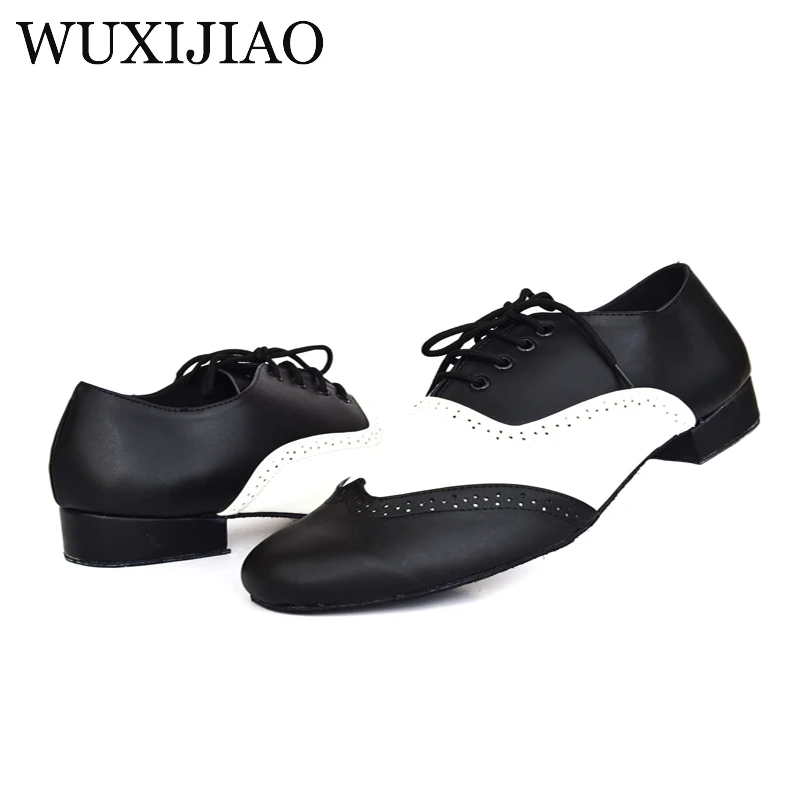 WUXIJIAO Men\'s Black White Real Leather Flats Modern dance shoes Tango Party Wedding Square dance shoes