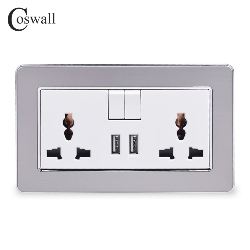 COSWALL 2 Gang 13A Universal Switched Socket dual USB Charge Port Output 2.1A Wall Outlet Stainless Steel Brushed Panel