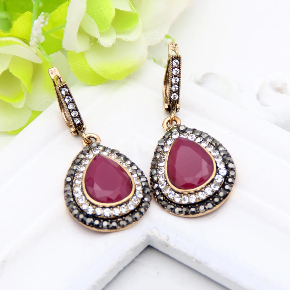 Vintage Big Artificial Gem Ladies Drop Earring Turkish Retro Gold Color Crystal Sculpture Craft Women Earrings Ethnic Jewelry