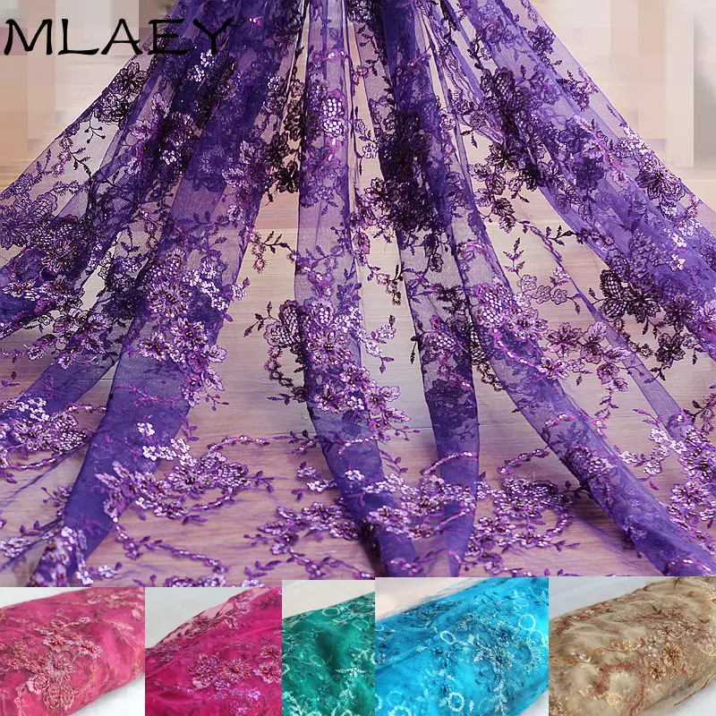 Mlaey 7color Embroidery Lace Fabric Beaded Sequined Lace Trim  50.4 Inches Wide For Wedding Dress Veil Costume Supplies 1 Yard