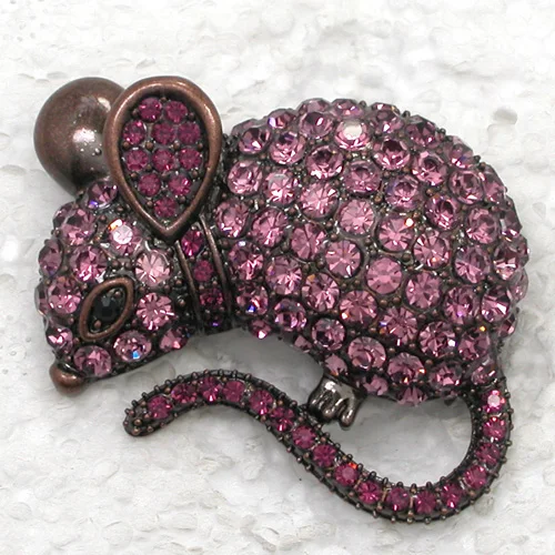 Antique copper Purple Rhinestone Mice Mouse Pin brooches C933 D3