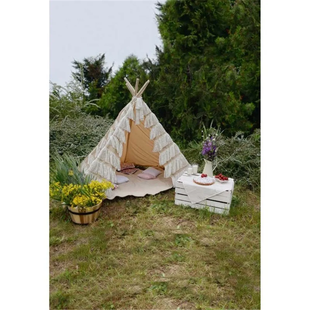 

Outdoor Camping Kids Children Girl Photography Backdrops Printed White Tent Spring Flowers Nature Scenic Photo Shoot Backgrounds