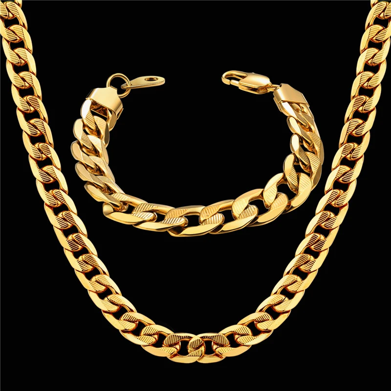 Men Women\'s Dubai Jewelry Sets Gold Color Stainless Steel Necklace Bracelet Set Hiphop Curb Cuban Thick Chain Wholesale Jewelry