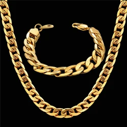 Men Women's Dubai Jewelry Sets Gold Color Stainless Steel Necklace Bracelet Set Hiphop Curb Cuban Thick Chain Wholesale Jewelry