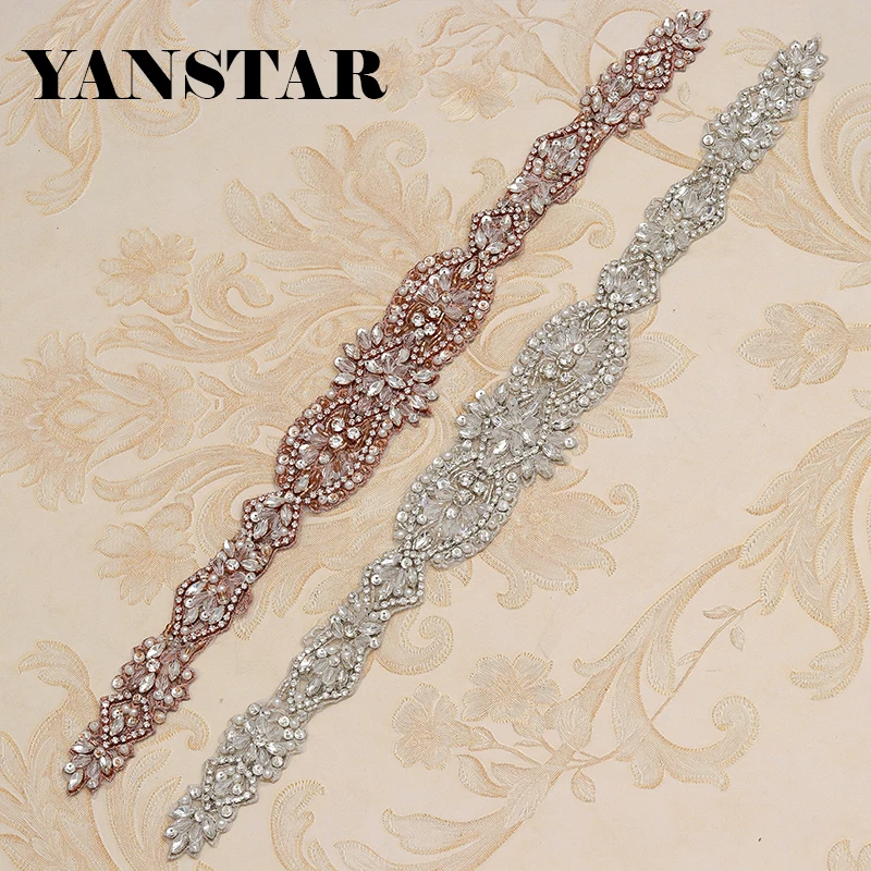 YANSTAR(10pcs) Wholesale Hand Bridal Rhinestone Applique Sew On For Wedding Dress Sash Rose Gold Crystal Appliques YS864