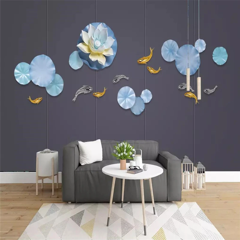 

Nordic three dimensional lotus carp nine fish picture background wall