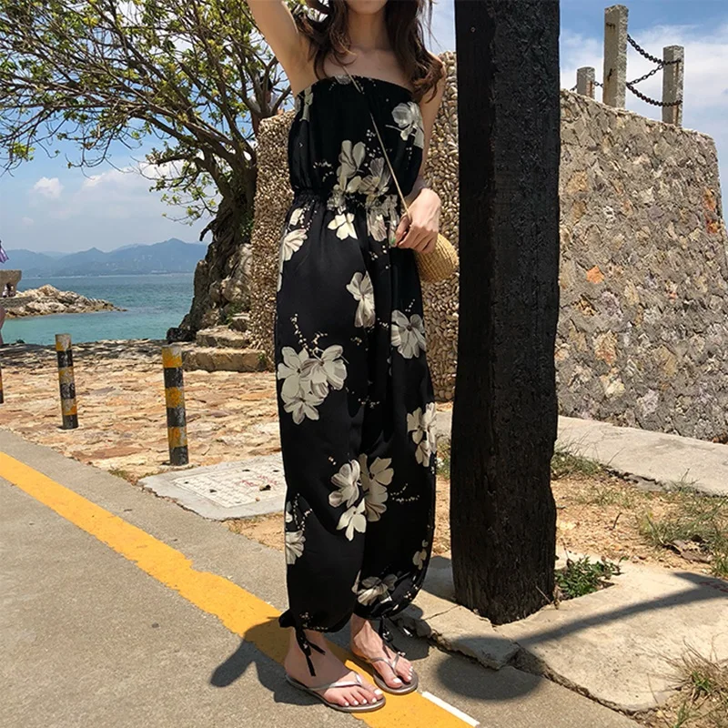 Hot Sale Floral Print Jumpsuit Wanita Strapless Rompers Beach Bohemian Celana Kodok Off Bahu Harem Celana Perempuan Keseluruhan DD1931