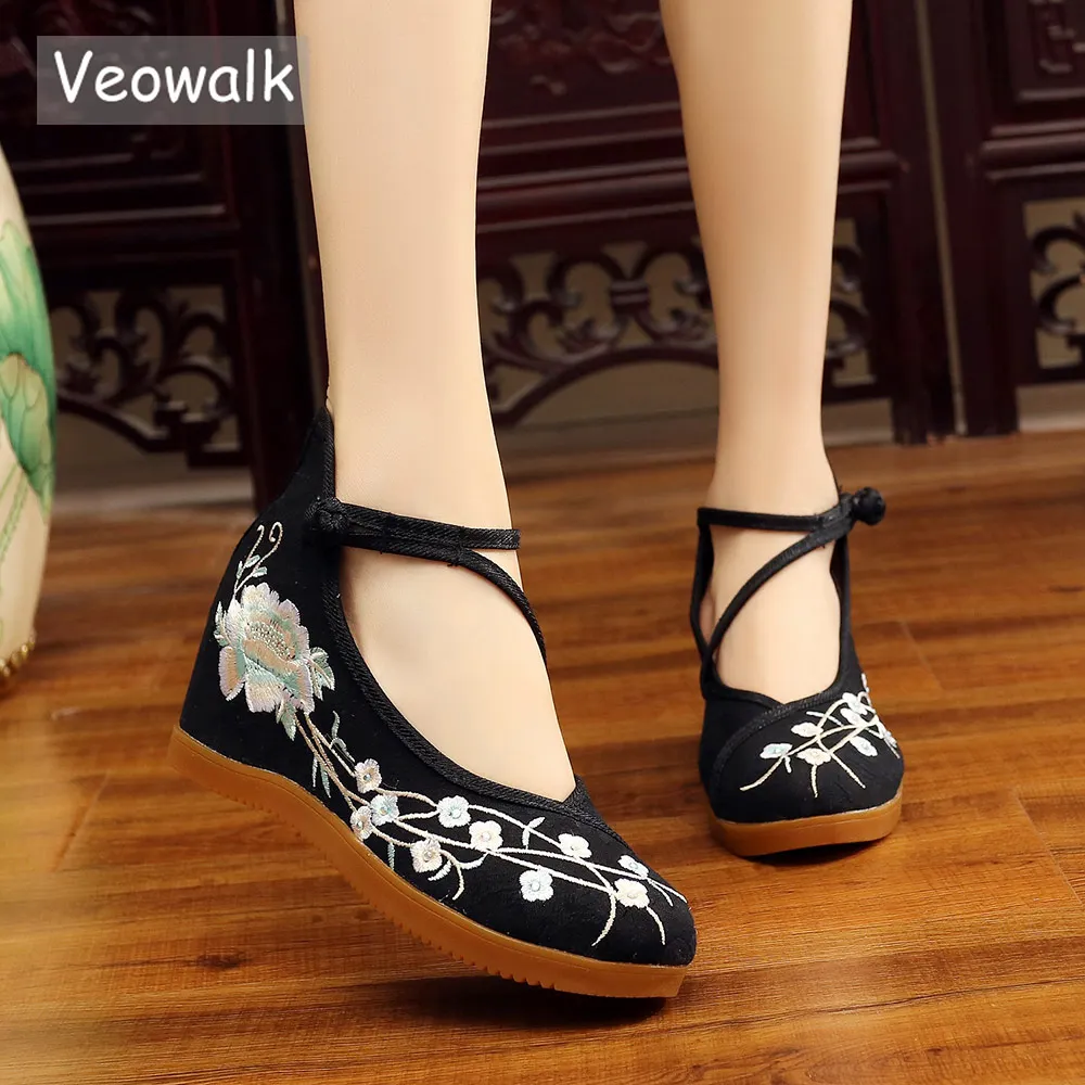 Veowalk High End Embroidered Women Canvas 7cm Hidden Platforms Shoes Ankle Strap Mid Top Vintage Ladies Casual Comfort Shoes