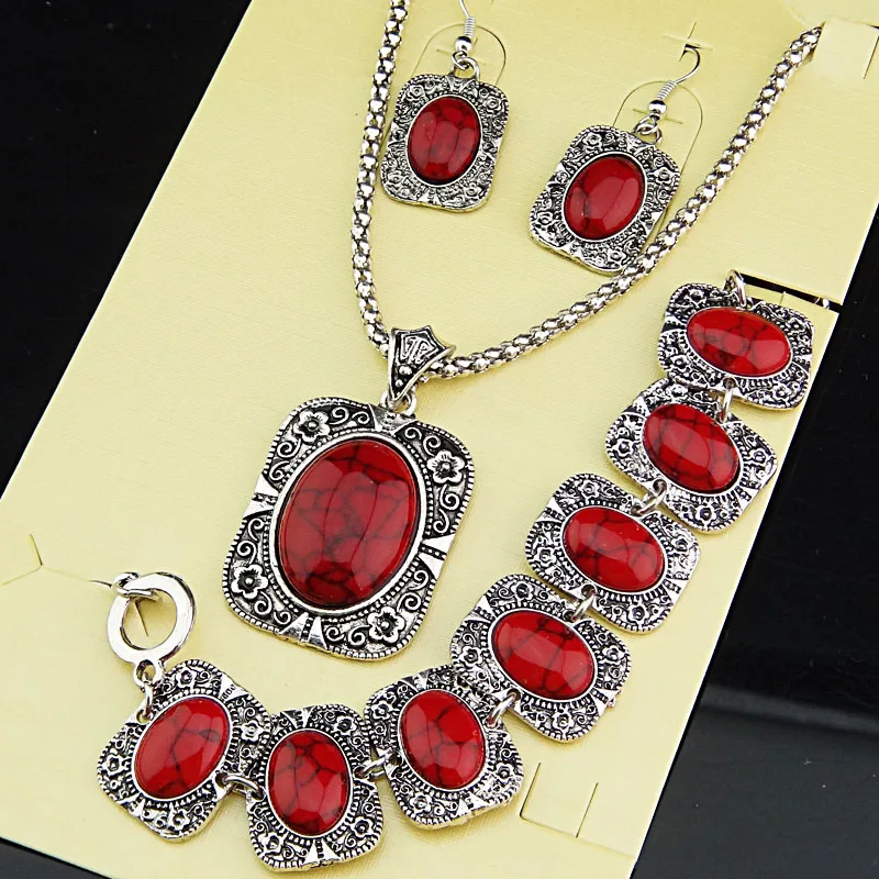 Retro Jewelry Sets Vintage Antique Tibetan Silver Oval Red Natural Stone Earrings Bracelet Necklace Women Jewelry Set A696