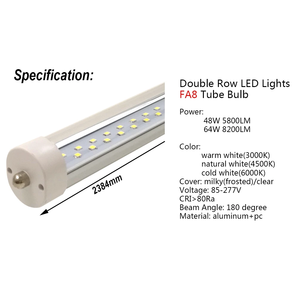 Double Row LED Tube Light 8ft 238cm 48W 64W Super Bright Bulb FA8 R17D(HO) F96 T8 T12 Fluorescent Retrofit Lamp 94