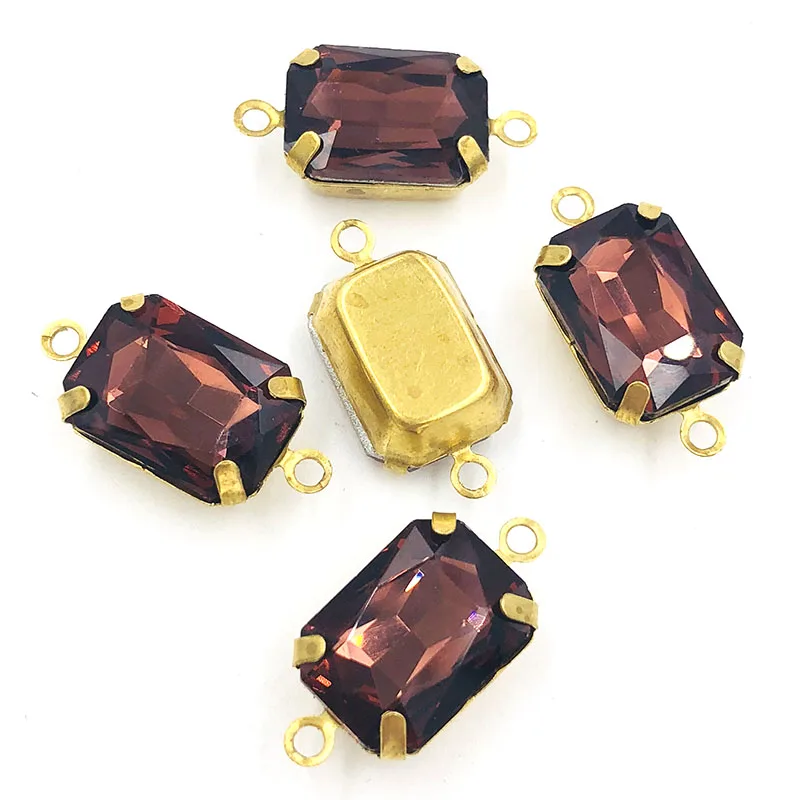 Free shipping10X14mm Rectangular octagon sew on rhinestones Wine red Gold base Glass crystal double loop pandent diy accessories