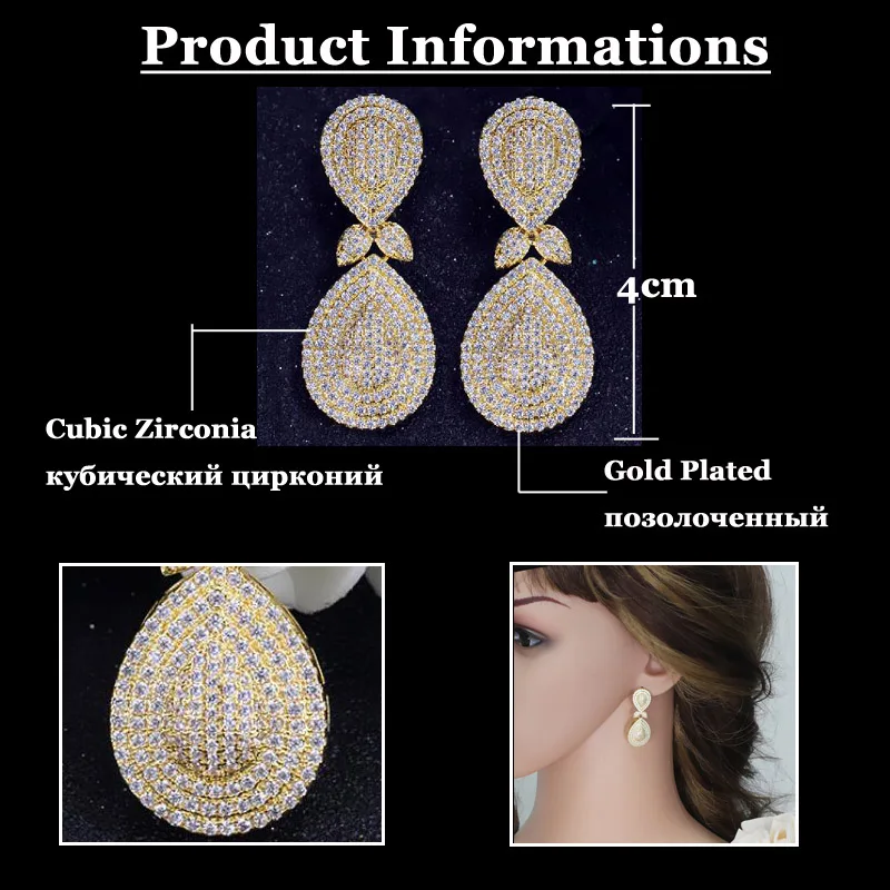 ThreeGraces Vintage Micro Pave Cubic Zirconia Dubai Gold Color Big Dangle Earrings for Women Fashion Wedding Party Jewelry ER148