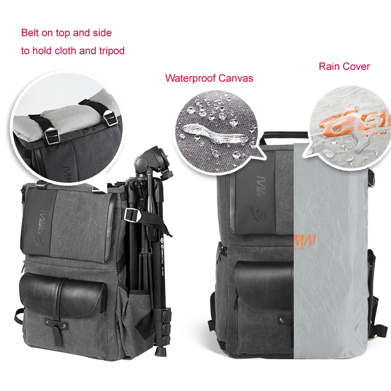 Eirmai Large Capacity Photography Shoulders Backpack Waterproof w Rain Cover fit 15inch Latop Drone for Camera DSIR Video Tripod