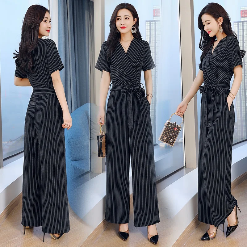 Summer Striped Jumpsuit 2019 Short Sleeve Wide Leg Pants Lape Ladies Office Business Elegant Jumpsuits For Women 2019 DD2151