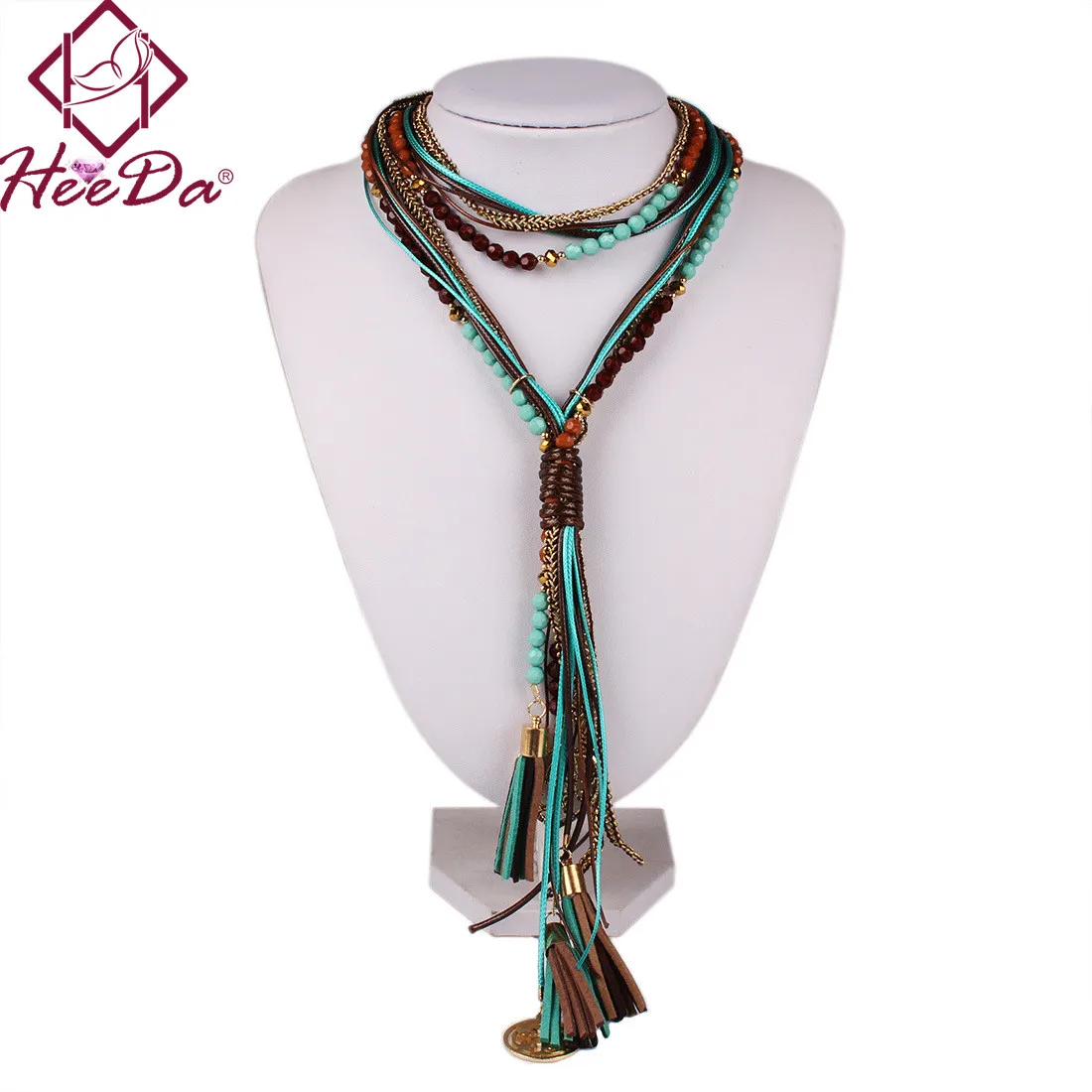 Boho Women Summer Long Necklace Handmade Round Bead Tassel Neck Accessories Green Red Statement Jewelry New Joker Sweater Chian