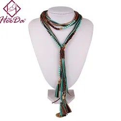 Boho Women Summer Long Necklace Handmade Round Bead Tassel Neck Accessories Green Red Statement Jewelry New Joker Sweater Chian