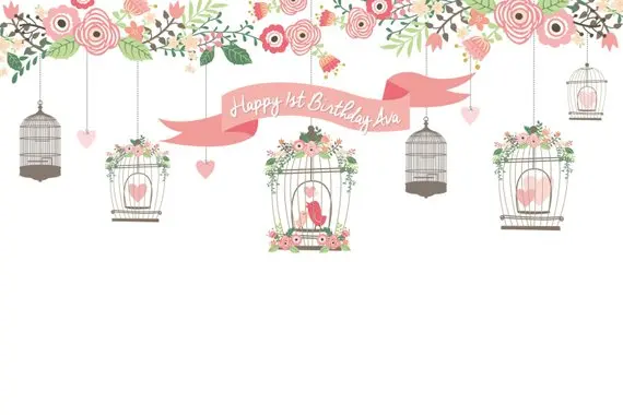 

custom Birdcage Birthday Vintage Flower Leaves Whimsy Hearts Birds background Computer print party backdrop