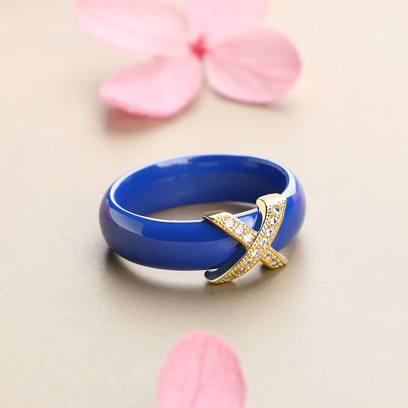 Hot X Cross Rings Blue Pink Ceramic Healthy Jewelry for Women 6mm Smooth Ceramic Rings Female Gift Wedding Jewelry Gold Silver